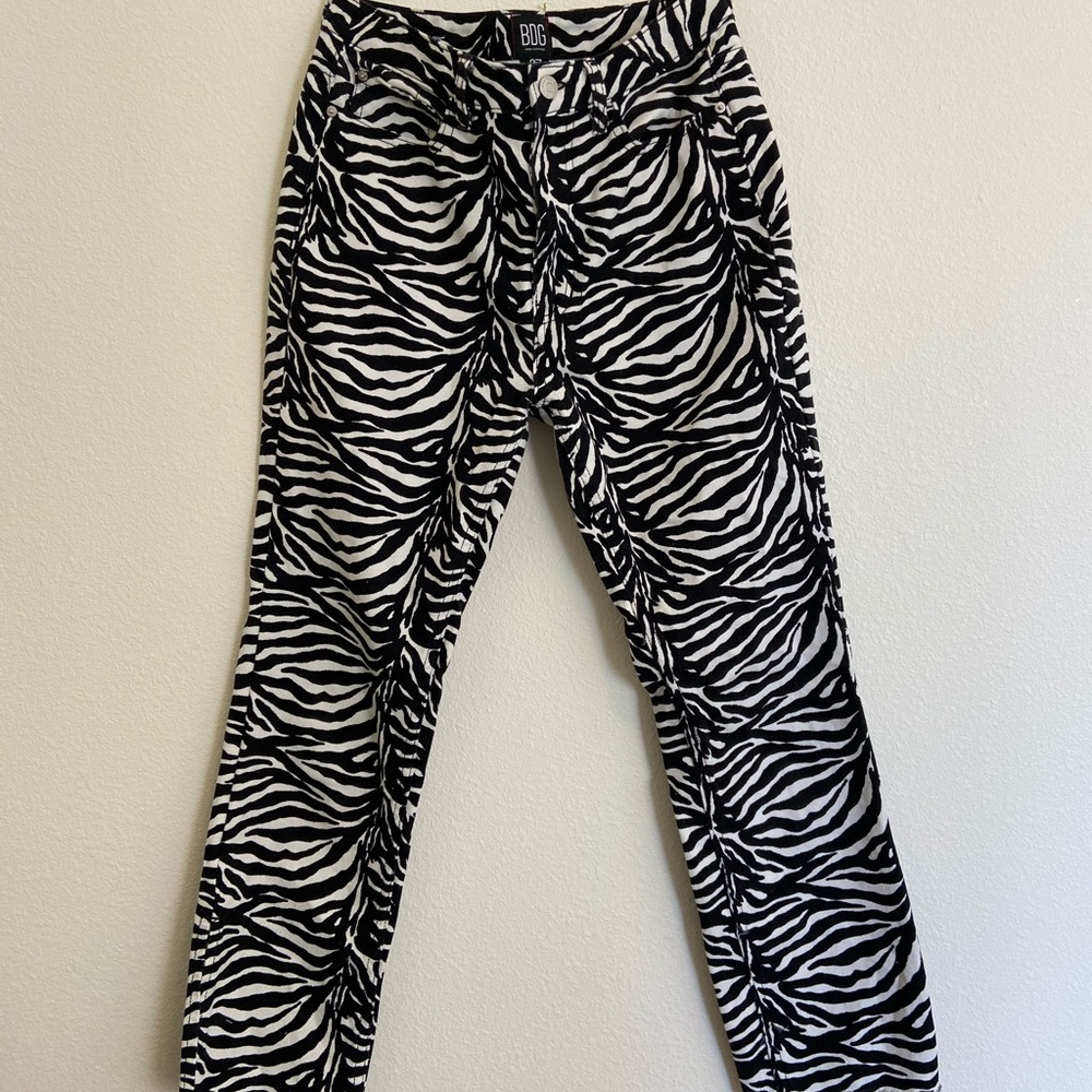 BDG Zebra print flair jeans with slits at ankles